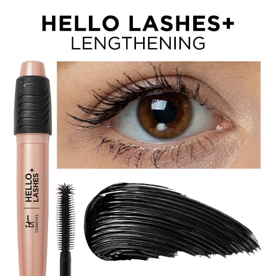 The text, "Hello Lashes+. Lengthening," over images of a tube of IT Cosmetics Hello Lashes+, a mascara brush, a close-up of an eye with mascara, and a swipe of black mascara.